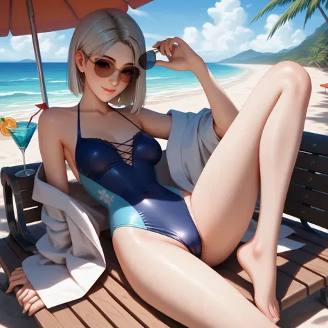 momiji, Full Body, (off-the-shoulder tubeless, silky lace, high-leg, chest and abdomen cut-out swimsuit, swimsuit color is drawn randomly), resort beach, bench, beach umbrella, sexy, sunglasses, blue Hawaii cocktail, cocktail glass, score 9, score 8_up, sc...