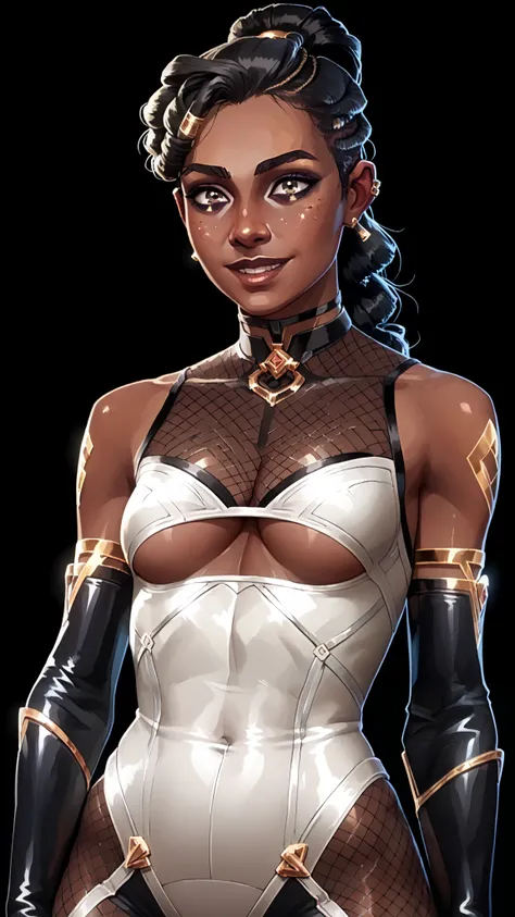 one woman, mel, (black eyes:1.2), long hair, black hair, (upper body:1.3), black skin, (black background, clear background:1.5), (studio lights, deep shadows:1.3), (small chest, bare shoulders, slender body:1.3), (fishnet bodysuit, fishnet long gloves, und...