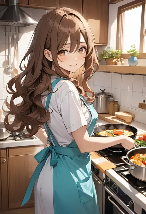 brown long wavy hair、smile、 apron、 kitchen、 cooking、 turn around、Narrow eyes、 legs 