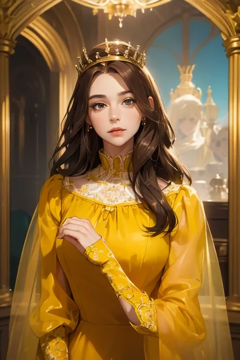 ( masterpiece,  high quality), 1 ,  alone, (queen:1.15),   brown hair,   long hair,  cortina , yellow dress, queen&#39;s Dress , aurora, (sunlight, null, Rio,  forest),  inexpressive,  red eyes, ( Art Nouveau :1.2), Alphonse Mucha, tiara, ( focus on the fa...