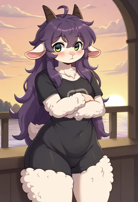 alone,  masterpiece, best quality, anthro,  fluffy wool, Anthropomorphic guy sheep , human face, lamb horns  ,  light skin  ,  light skin  ,  purple hair ,  green eyes ,  long hair hairstyle ,  disheveled hair , (19 years old),  thick hips , thick , One, S...