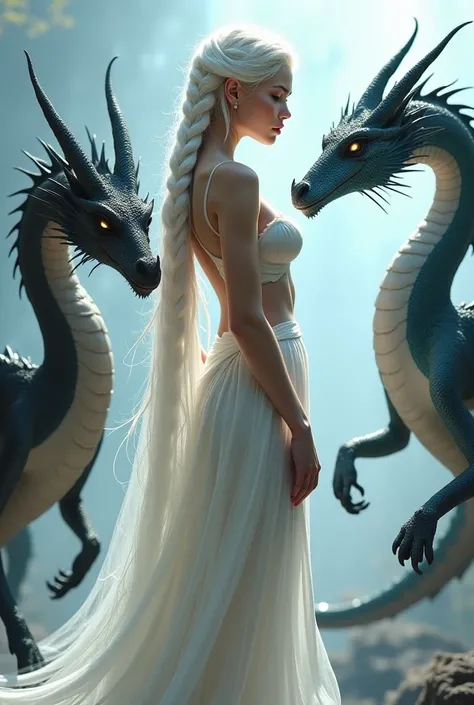 Naked girl with big chest and thin legs with white braided long hair and around her three small dragons one in black color, one in white color and third one in blue color. 