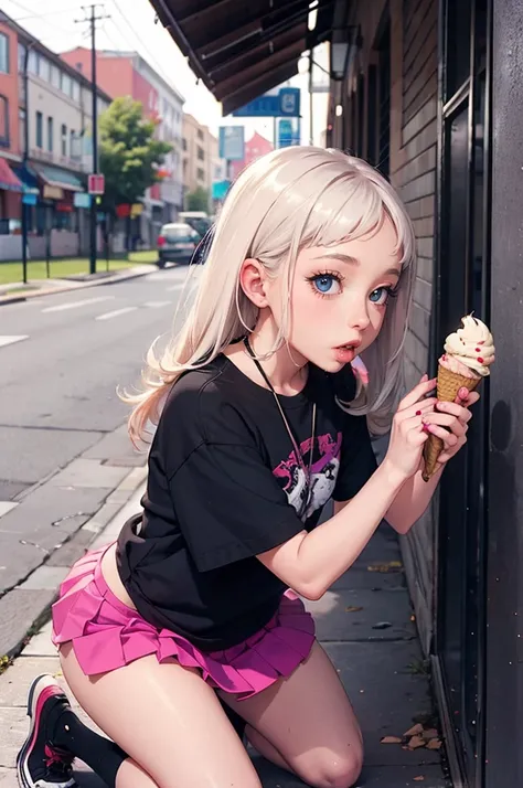 sassy girl (tween) In miniskirt  ,   kneeling sucking ice cream ,  the eladonlon has an old man,  standing in front of the girl ,  and she gives it a sensual mother , The ice cream has a condom 