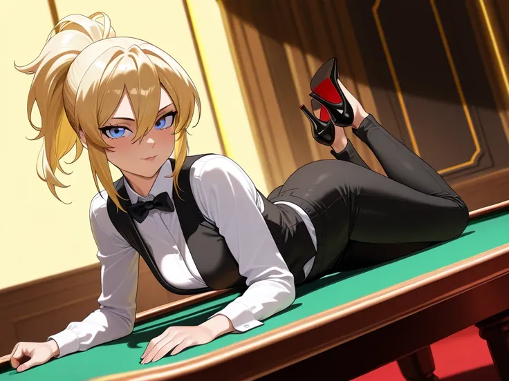 dutch angle: 1lady, skinny, blonde, ponytail, blue eyes, white shirt, black vest, bowtie, black trousers, high heels, working as a croupier at the elite casino, laying on the poker table, on the back, candid pose, facing the viewer, midnight, intense shado...