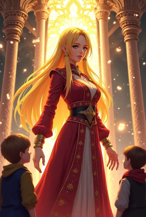 Blonde girl with golden hair. Strict magic teacher. genshin style