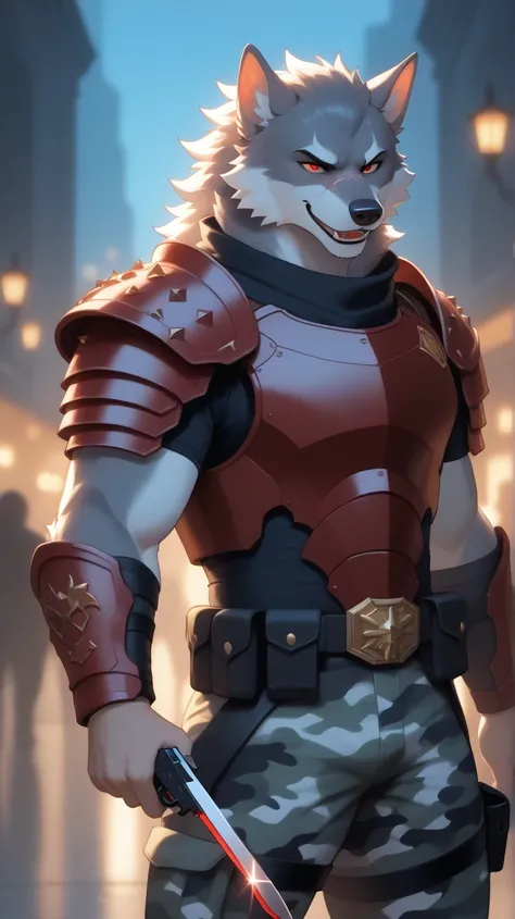 furry male,a fantastic face of a gray wolf, with a predatory smile and a gambling look and red eyes in a maroon bireta with a scar on the left eye, in camouflage pants in light armor, Anthropomorphic Character,male 165 cm tall, shooting pistol in right han...