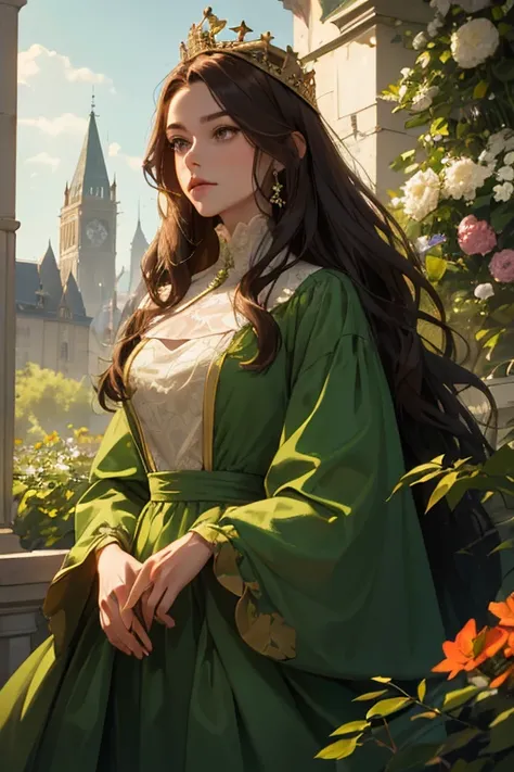 ( masterpiece,  high quality), 1 ,  alone, (queen:1.15),   brown hair,   long hair,  cortina ,  green dress, queen&#39;s Dress , aurora, (sunlight, null, Rio,  forest),  inexpressive,  red eyes, ( Art Nouveau :1.2), Alphonse Mucha, tiara, ( focus on the fa...