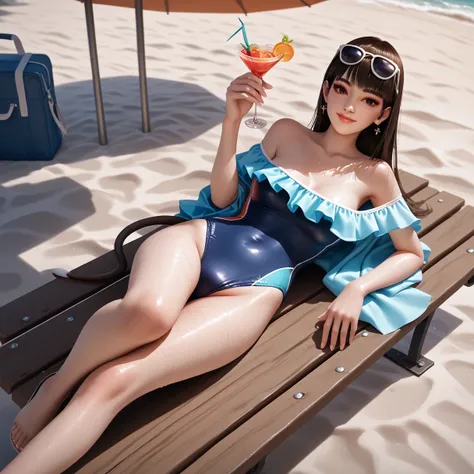 Leifang, Full Body, (off-the-shoulder tubeless, high-leg, chest and abdomen cut-out swimsuit, swimsuit color is drawn randomly), resort beach, bench, beach umbrella, sexy, sunglasses, blue Hawaii cocktail, cocktail glass, score 9, score 8_up, score 7_up, z...