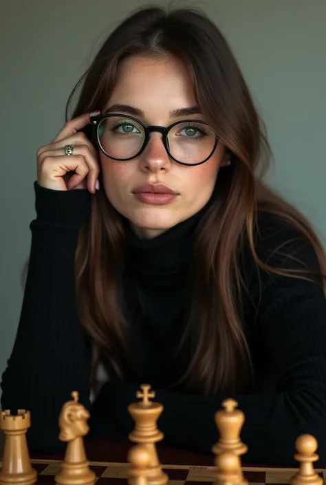 long, straight dark brown haired gorgeous girl with green eyes and faded freckles her makeup light, cute glasses, black turtleneck sweater, chess, no bangs