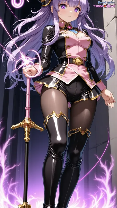 (「Thank you 600＆70k」A message board with the word:2.3,「Thank you 600＆70k」Character:2.3),1 beautiful woman,( Masterpiece, top quality, very detailed depiction, incredible high resolution,High quality anime drawings),( purple hair, Magical Warrior Outfit bas...