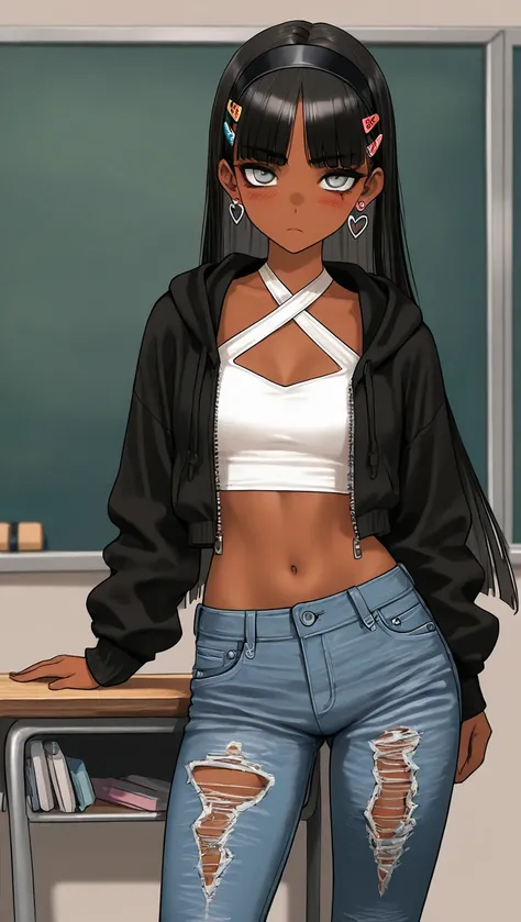 1Girl, Mature, Ebony, African American, Dark Skin, Jet Black Long Straight Hair, Grey Eyes, Medium Chest, White Halter Crop-Top, White Cropped High-Cut Hoodie, Black Ripped Jeans, Jewelry, Heart Earrings, Black Hair Clips, Black Hairband, Looking At Viewer...