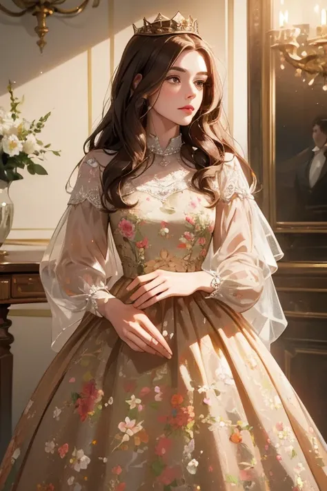 ( masterpiece,  high quality), 1 ,  alone, (queen:1.15),   brown hair,   long hair,  cortina ,  floral dress, queen&#39;s Dress , aurora, (sunlight, null, Rio,  forest),  inexpressive,  red eyes, ( Art Nouveau :1.2), Alphonse Mucha, tiara, ( focus on the f...