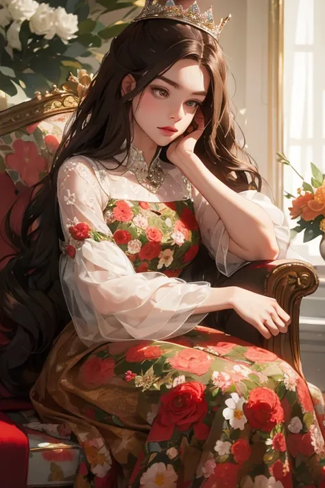 ( masterpiece,  high quality), 1 ,  alone, (queen:1.15),   brown hair,   long hair,  cortina ,  floral dress, queen&#39;s Dress , aurora, (sunlight, null, Rio,  forest),  inexpressive,  red eyes, ( Art Nouveau :1.2), Alphonse Mucha, tiara, ( focus on the f...