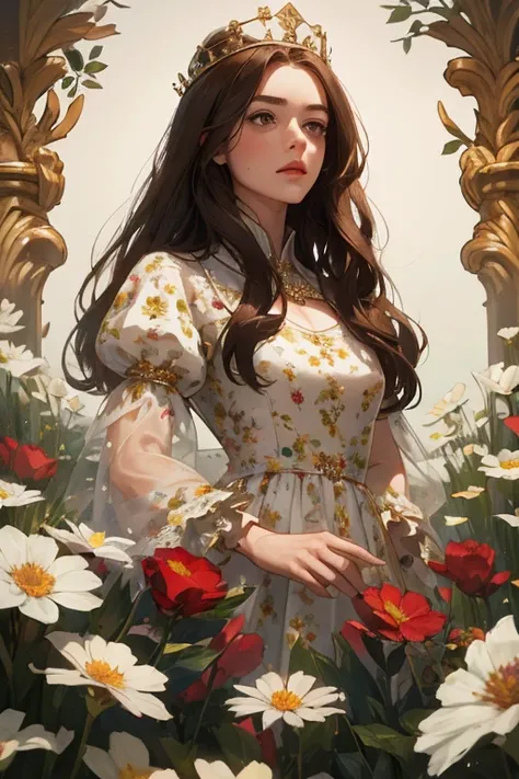 ( masterpiece,  high quality), 1 ,  alone, (queen:1.15),   brown hair,   long hair,  cortina ,  floral dress, queen&#39;s Dress , aurora, (sunlight, null, Rio,  forest),  inexpressive,  red eyes, ( Art Nouveau :1.2), Alphonse Mucha, tiara, ( focus on the f...