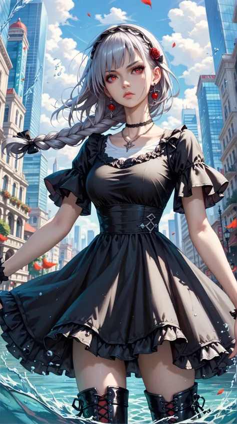 vampire,solo,lolita fashion,slim waist,long hair,single braid,Skin made of water,Silver hair,red_eyes,floating,arms crossed,serious,(((black sundress with round neck,white T-shirt bottom))),fine fabric emphasis,thigh boots,earrings,necklace,underboob,Iseka...