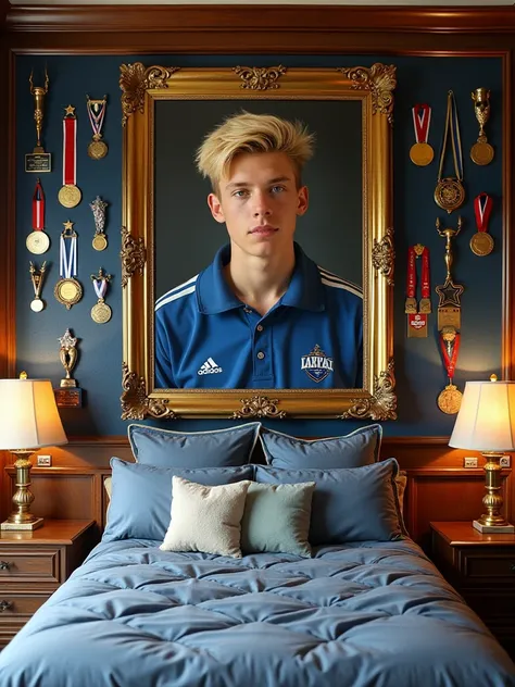 Luxurious bedroom wall containing a portrait of a 17-year-old blond boy with blue eyes named Jace Garrick, along with dozens of awards, medals, and trophies for academic and sporting achievements at the Blue Valley High School 