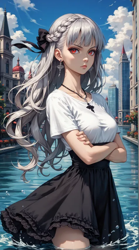 vampire,solo,lolita fashion,slim waist,long hair,single braid,Skin made of water,Silver hair,red_eyes,floating,arms crossed,serious,(((black sundress with round neck,white T-shirt bottom))),fine fabric emphasis,thigh boots,earrings,necklace,underboob,Iseka...