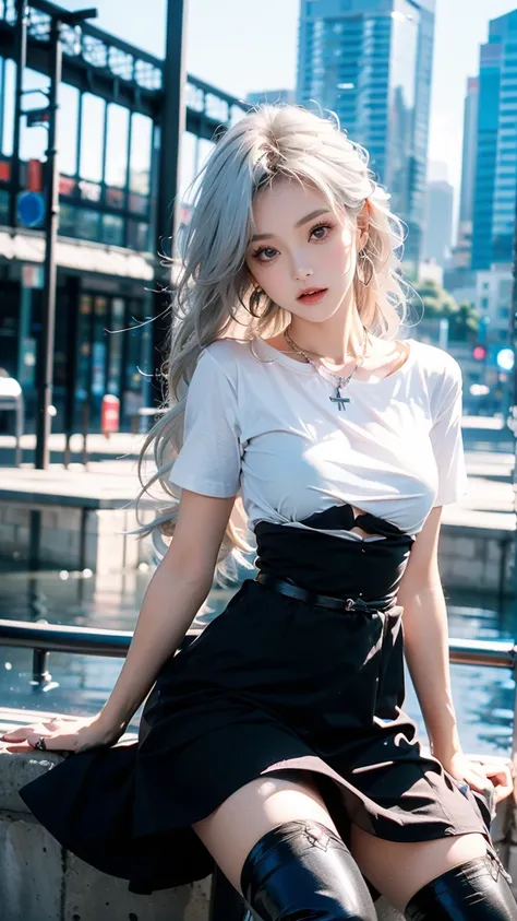 vampire,solo,lolita fashion,slim waist,long hair,single braid,Skin made of water,Silver hair,red_eyes,floating,arms crossed,serious,(((black sundress with round neck,white T-shirt bottom))),fine fabric emphasis,thigh boots,earrings,necklace,underboob,Iseka...