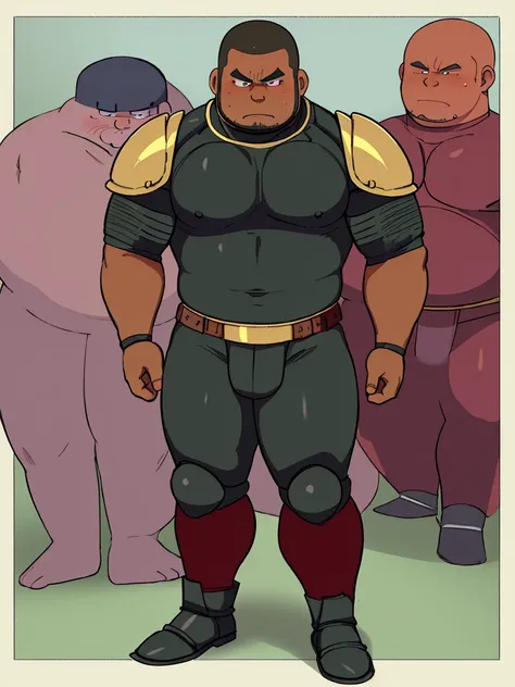 Cartoon network style , (masterpiece, best quality:1.2), 1man, solo, Chubby, Papa, Chubby , Dark-Tan skin , crew cut , ashamed face , Black armor , shoulder armor, breastplate, closed mouth, pauldrons , standing , boots , full body