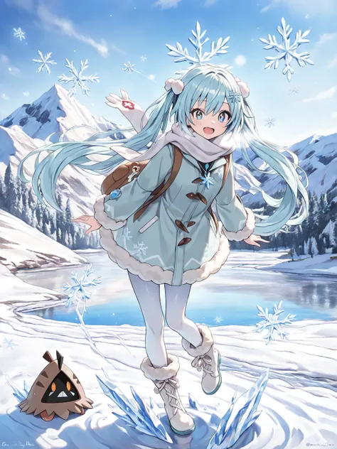 ((masterpiece, best quality, ultra-detailed character)), 1girl, A cute, young female Pokémon trainer with icy blue hair that cascades in soft waves, resembling snowflakes caught in the wind. Her outfit is wintery and stylish—she wears a light teal jacket w...