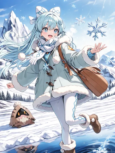 ((masterpiece, best quality, ultra-detailed character)), 1girl, A cute, young female Pokémon trainer with icy blue hair that cascades in soft waves, resembling snowflakes caught in the wind. Her outfit is wintery and stylish—she wears a light teal jacket w...