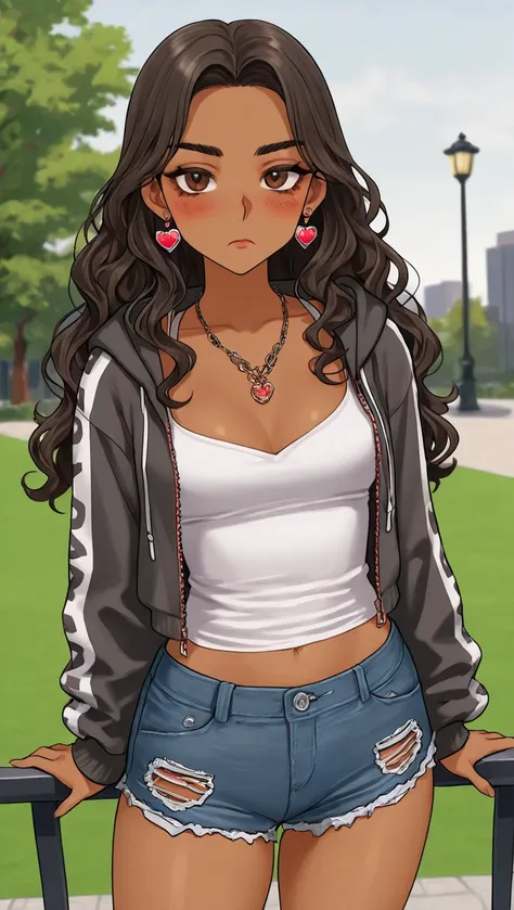 1Girl, Mature, Hispanic, Mexican, Latina, Dark Skin, Long Wavy Hair, Brunette Wavy Hair, Brown Eyes, Medium Chest, White Halter Tank-Top, White Cropped High-Cut Hoodie, Black Cut-Off Shorts, Jewelry, Heart Earrings, Looking At Viewer, Bored, Serious, Blush...