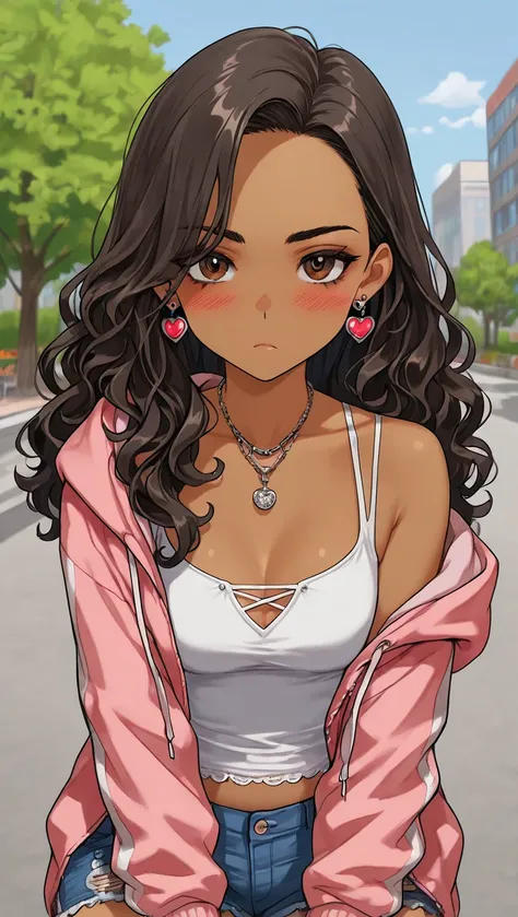 1Girl, Mature, Hispanic, Mexican, Latina, Dark Skin, Long Wavy Hair, Brunette Wavy Hair, Brown Eyes, Medium Chest, White Halter Tank-Top, White Cropped High-Cut Hoodie, Black Cut-Off Shorts, Jewelry, Heart Earrings, Looking At Viewer, Bored, Serious, Blush...