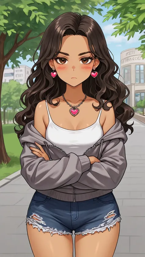 1Girl, Mature, Hispanic, Mexican, Latina, Dark Skin, Long Wavy Hair, Brunette Wavy Hair, Brown Eyes, Medium Chest, White Halter Tank-Top, White Cropped High-Cut Hoodie, Black Cut-Off Shorts, Jewelry, Heart Earrings, Looking At Viewer, Bored, Serious, Blush...