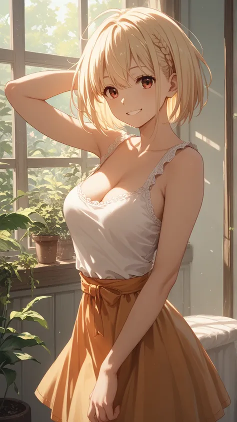 chisato nishikigi, high resolution,breasts,looking at the spectator,Blond hair,breasts,Fondo simple, piernas,skirt,camiseta,cleavage, Standing,smile, sexy, From the back, 