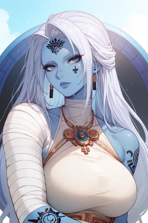 blue skinned Woman mature,black dragon tattoo on face, black marks on arm, , blue eyes,White spiky hair brushed back, long hair,African-descendant style,white clothes, Saturn bow of the neck , , white bandages,Anime style 