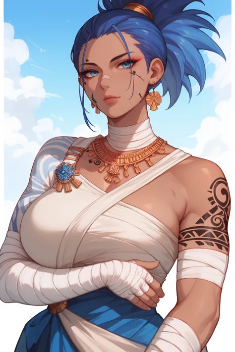 blue skinned Woman mature,black dragon tattoo on face, black marks on arm, , blue eyes,White spiky hair brushed back, African-descendant style,ponytail ,white clothes,eternal Saturn bow of the neck , , white bandages,Anime style 