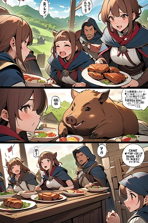 masterpiece, best quality, high resolution, dynamic angles, various angles, Japanese manga style, Japanese anime style, Western medieval fantasy style,  while the adventurers ride on wild boars 、 discuss eating pork cutlets for lunch。 the boars get scared ...