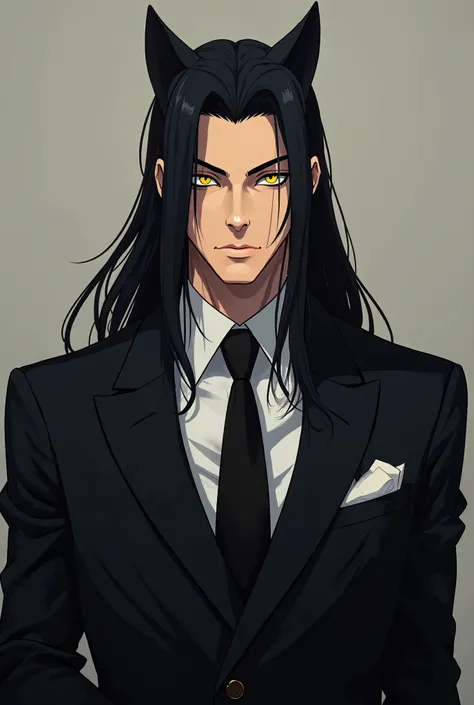 Anime picture of a rich man with a strict and calm personality with long black hair and yellow cat-like eyes wearing a formal suit 