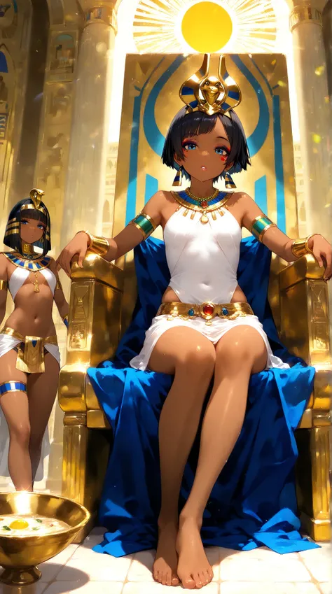 Egypt, Egyptian palace, sun, luz sunar, 1female, \( short hair , Bowl cut,  black hair, brown skin,  small breasts,  black eyeshadow ,  blue eyes,  lips painted black ,  barefoot, Egyptian crown, bracelets , necklaces\),  sitting on a throne , relaxed. 