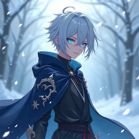 anime cute boy 18 years, clean design, intricate details, (glowing blue eyes), short white faded hair, demon lord clothing, aggressive looking, 8k resolution, snowing background, full body
