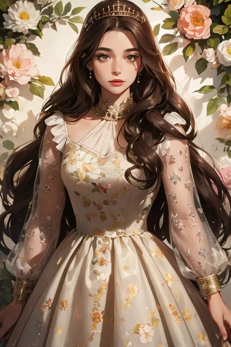 ( masterpiece,  high quality), 1 ,  alone, (queen:1.15),   brown hair,   long hair,  cortina ,  floral dress, queen&#39;s Dress , aurora, (sunlight, null, Rio,  forest),  inexpressive,  red eyes, ( Art Nouveau :1.2), Alphonse Mucha, tiara, ( focus on the f...