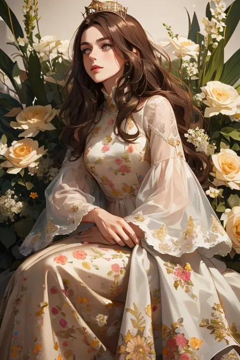 ( masterpiece,  high quality), 1 ,  alone, (queen:1.15),   brown hair,   long hair,  cortina ,  floral dress, queen&#39;s Dress , aurora, (sunlight, null, Rio,  forest),  inexpressive,  red eyes, ( Art Nouveau :1.2), Alphonse Mucha, tiara, ( focus on the f...