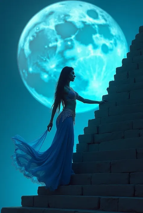  Woman walks up the steps of  a pyramid. We aee her from the side. She wears a blue belly dancer outfit. The background is the moon. Remove pyramid in background