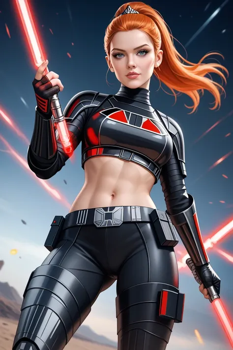 For a Darth Vader-inspired outfit for Orihime, keeping her navel and bare feet exposed, here’s a dark, powerful, and iconic design that blends the Dark Side with futuristic elements:

Top:

Cropped black bodysuit, resembling Darth Vader’s armor, with metal...