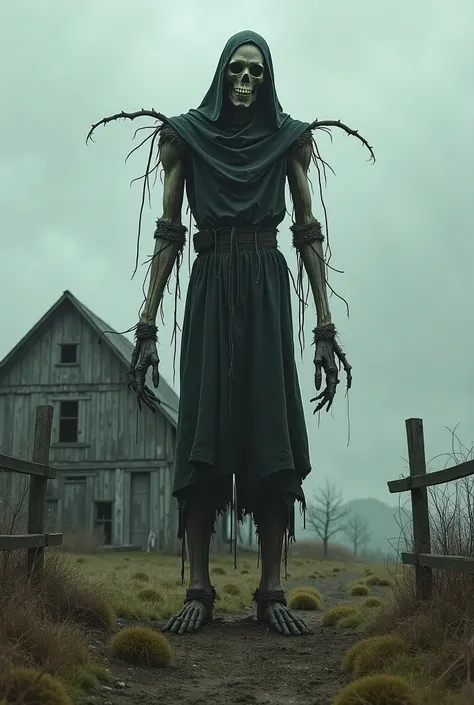 A scarecrow with its Gothic look ,  a farm in the background with an apocalyptic setting