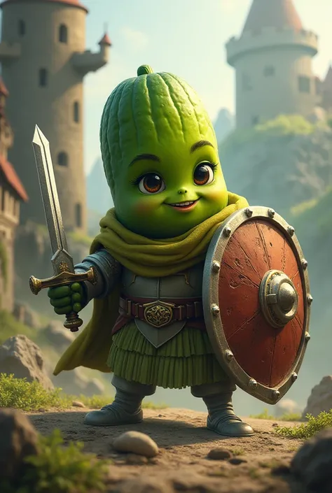 The hyperrealistic image of an adorable pickle, He has a shield and a sword and is fighting