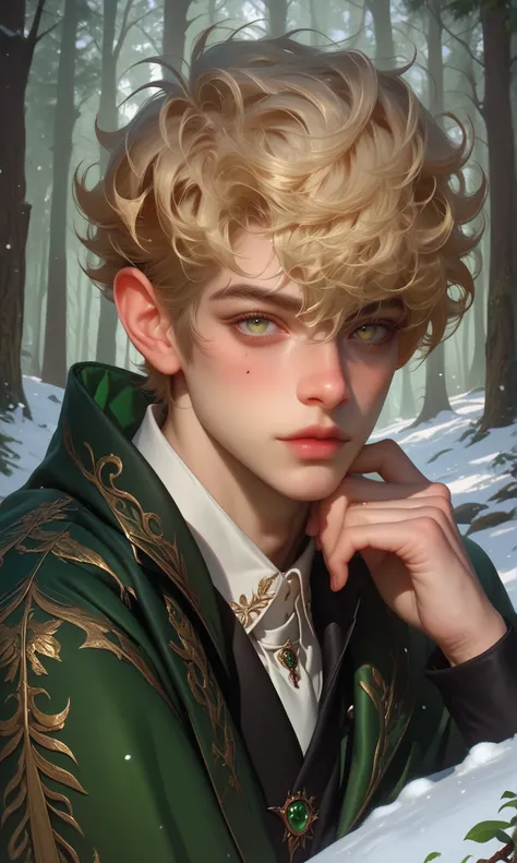  semi realistic, elf boy, 18 years old, curly hair, short hair, honey eyes, scar over the eyes, black silk royal clothes with moss green ornaments, slender, snowy forest, scarlet rapier at the waist, left hand resting on the rapier hilt,