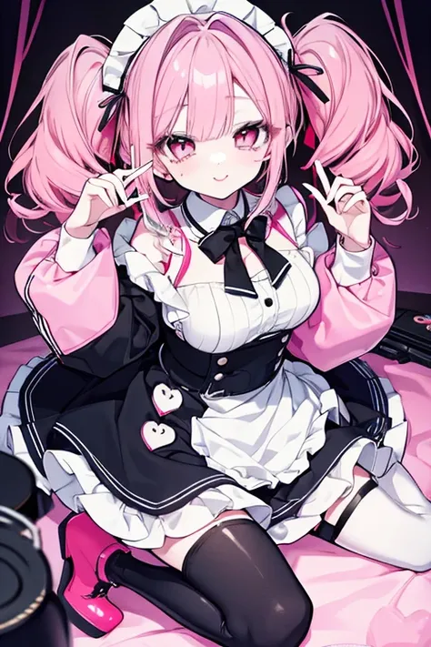  seat,  A very detailed face of a pachinko parlor,   white skin, long eyelashes,   red lips,   pink eye,     Medium Hair   ,    light pink hair  ,    Medium Hair   ,    twin tails,   curly hair  ,   large accentuated breasts, Black long sleeve maid outfit,...