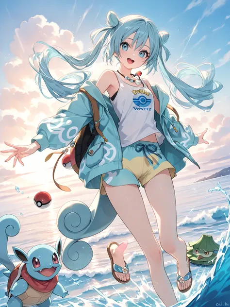 ((masterpiece, best quality, ultra-detailed character)), 1girl, A sweet and spirited young female Pokémon trainer with flowing aqua-blue hair that ripples like the ocean. She wears a light blue, wave-patterned jacket over a white tank top, paired with soft...