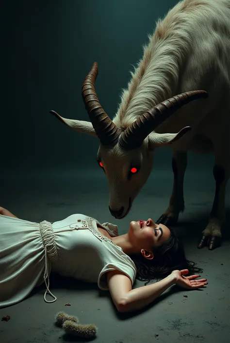 woman is laying on floor and red eyes goat standing with her beat her with horns