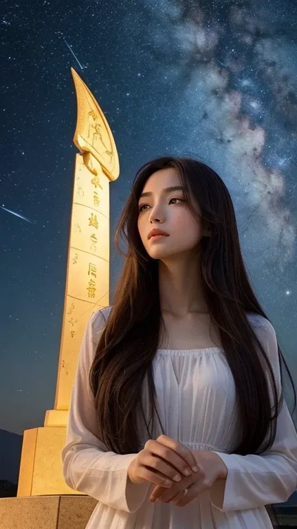 Western astrology、A monument where you can imagine the constellation Aquarius、 young woman、 Fortune Teller、 long hair、 look straight ahead、Mysterious、 less exposed
