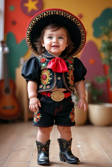 “A chubby, cute baby girl, around , with brown hair and blue eyes, smiling and looking straight ahead. She is dressed in a traditional mariachi outfit, with a black base and colorful embroidered details. She wears a short, a beautifully decorated blouse, a...