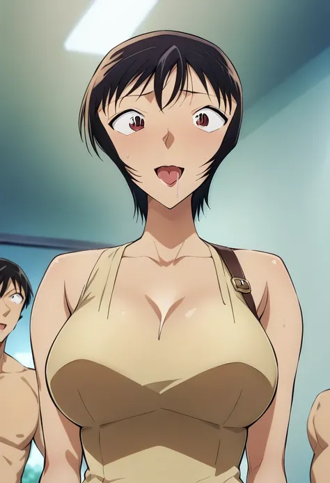   score_9,  score _8_  UP THE SIDE ,  score_7_  UP THE SIDE ,  score_6_  UP THE SIDE ,  source_Anime,  Solo Beautiful Mature Woman   ,  watching viewers ,  attractive,(  big breasted with a cross eye),[ Wide hips,  PERFECT BODY,  with shoulder straps,Sato ...