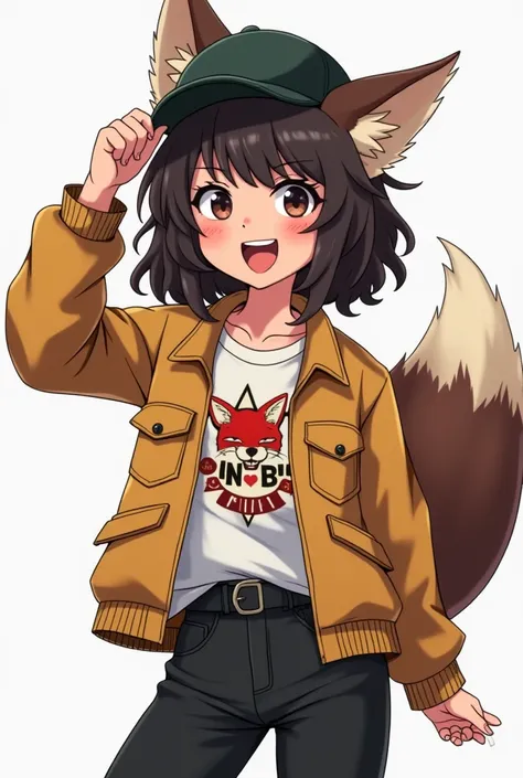 The anime picture is a  girl of Algerian origin with a fun and comical character whose hair is black and brown curly in the form of a tail and wears a hat upside down wearing a short jacket, a white shirt and black hip-hop pants with a logo of the funk fox...