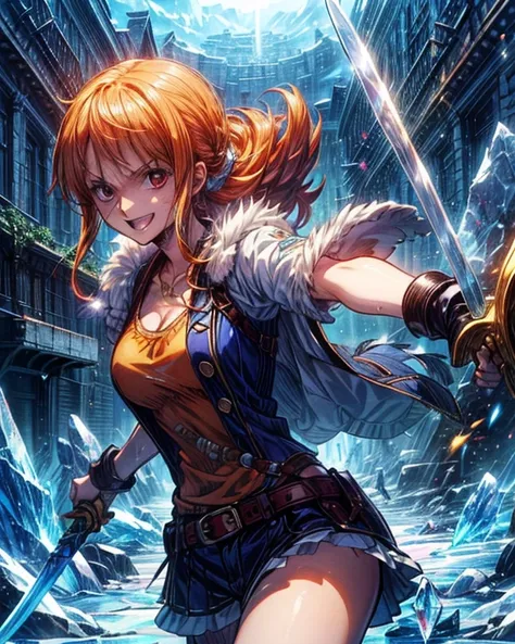 (最高 Masterpiece,  top quality, 4K, 8k,  high resolution, Masterpiece:1.2), Nami in One Piece,smile,( paladin),Miracle,Power Spot, fantastic world, White Light Spot,(Holy Sword), She's on an adventure to defeat the demon king, is a master of sword skills,(C...